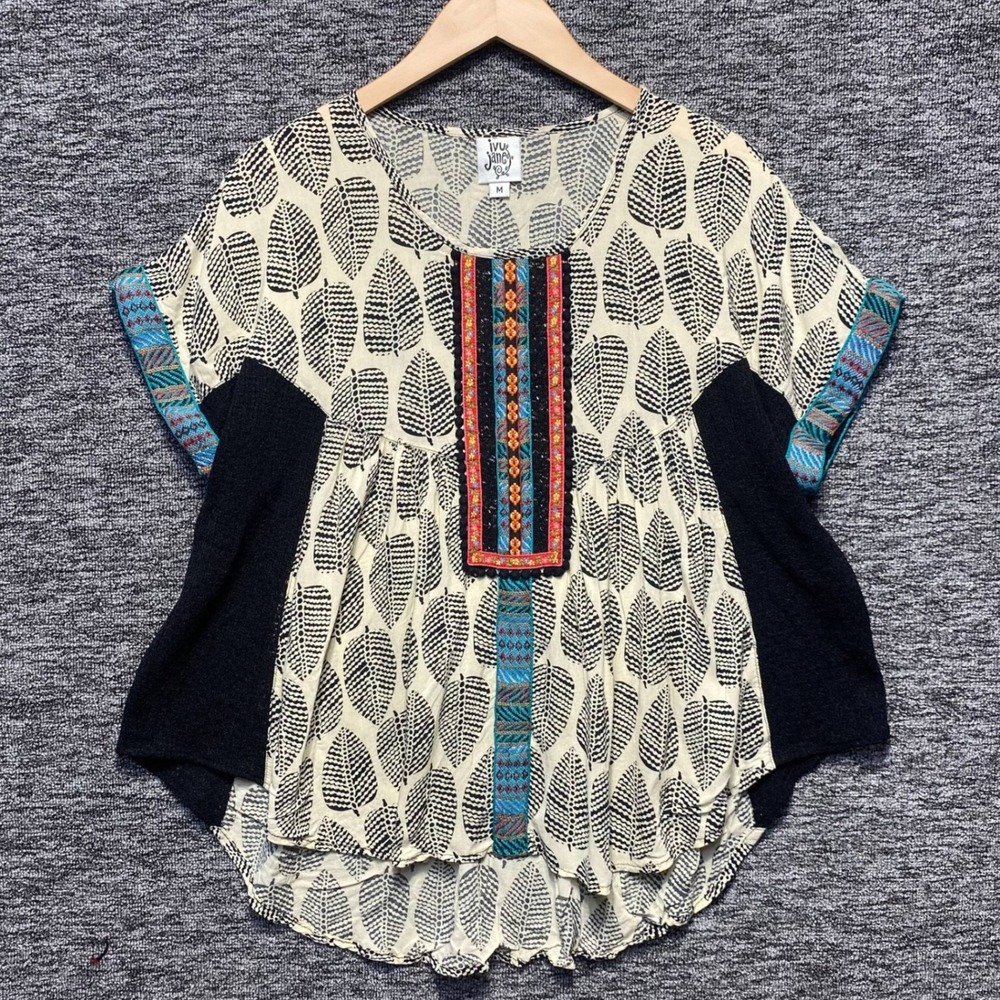 Ivy Jane Women Top Medium Leaf Print Embroidered Yoke Short Sleeve Boho High Low